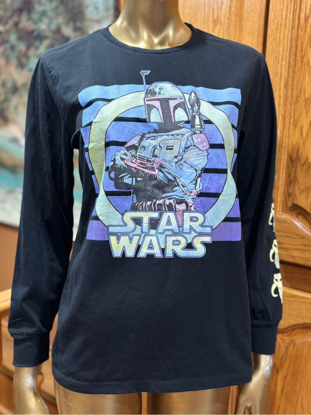 Star Wars Black Long-Sleeve Boba Fett Graphic Tee - Retro Multicolor Print Youth
